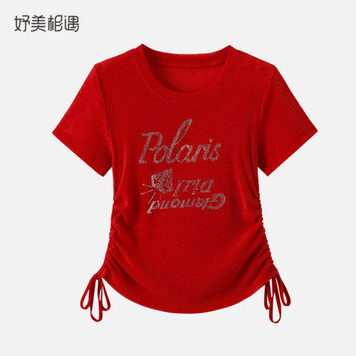 广场舞健身运动衣抽绳收腰短袖上衣网纱轻薄t恤中老年大妈跳舞衣