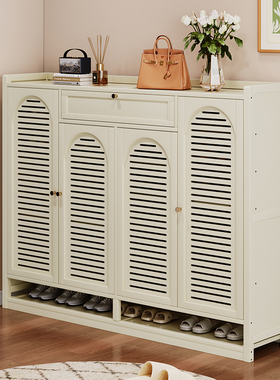 家用门口鞋架入户白色奶油风2025新款楠竹鞋柜子收纳一体靠墙带门