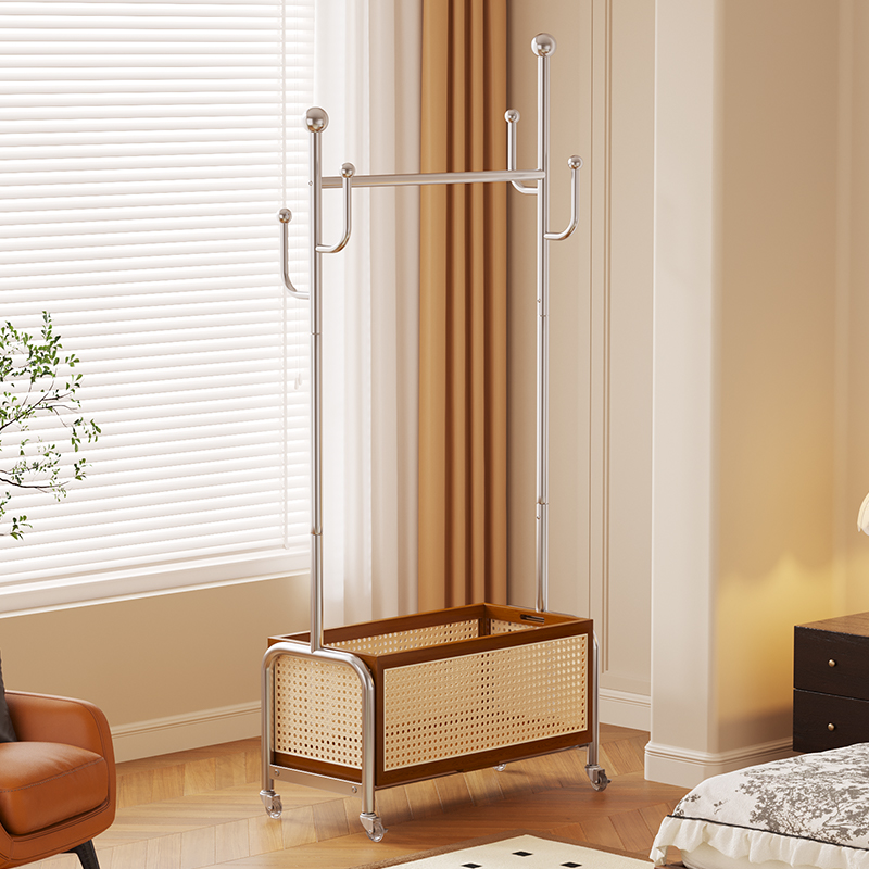 卧室床边衣帽架落地中古风靠墙一体置物架入户进门挂衣架新款2025