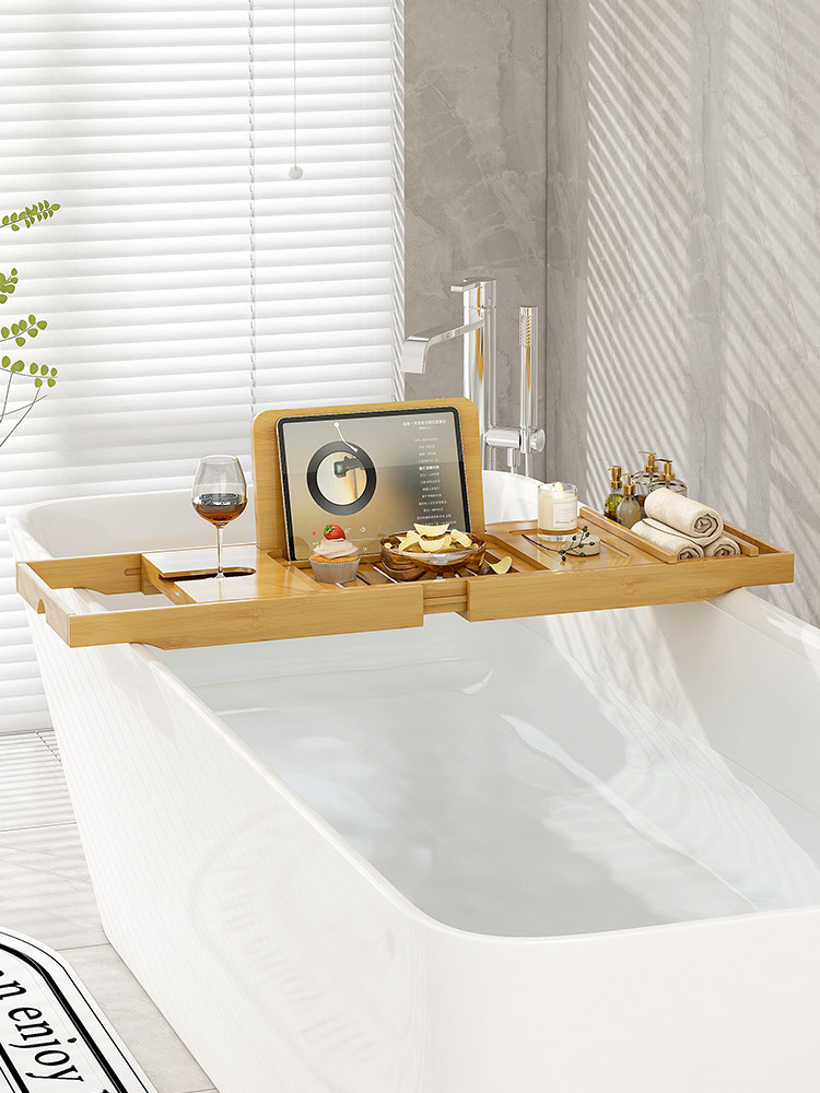 家用竹制浴缸置物架可伸缩托盘多功能红酒架平板手机支架泡澡神器