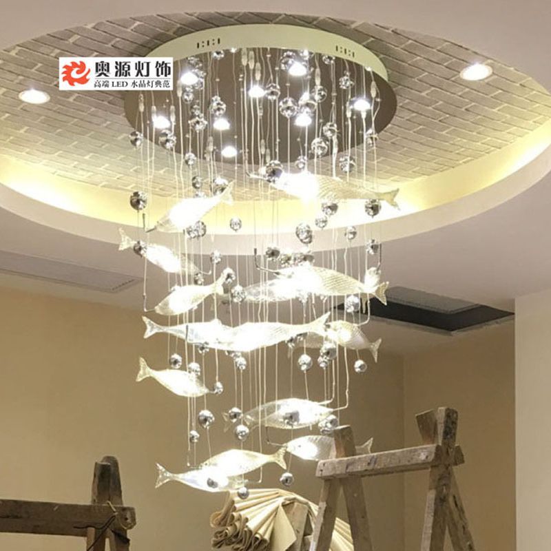 客厅餐厅蜡烛吊灯饭店酒楼大厅简约酒店艺术玻璃鱼隔断吧台极简风