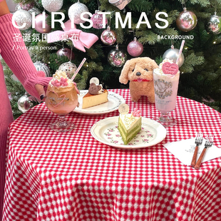 新年红色格子桌布圣诞高级餐布儿童宠物拍摄背景布装饰布甜品台布