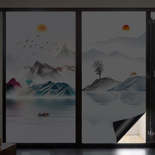 中式山水画全遮光防晒隔热移门窗户磨砂贴膜玻璃贴纸不透光不透明