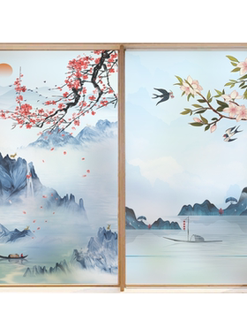 中式山水透光不透明防窥玻璃贴纸