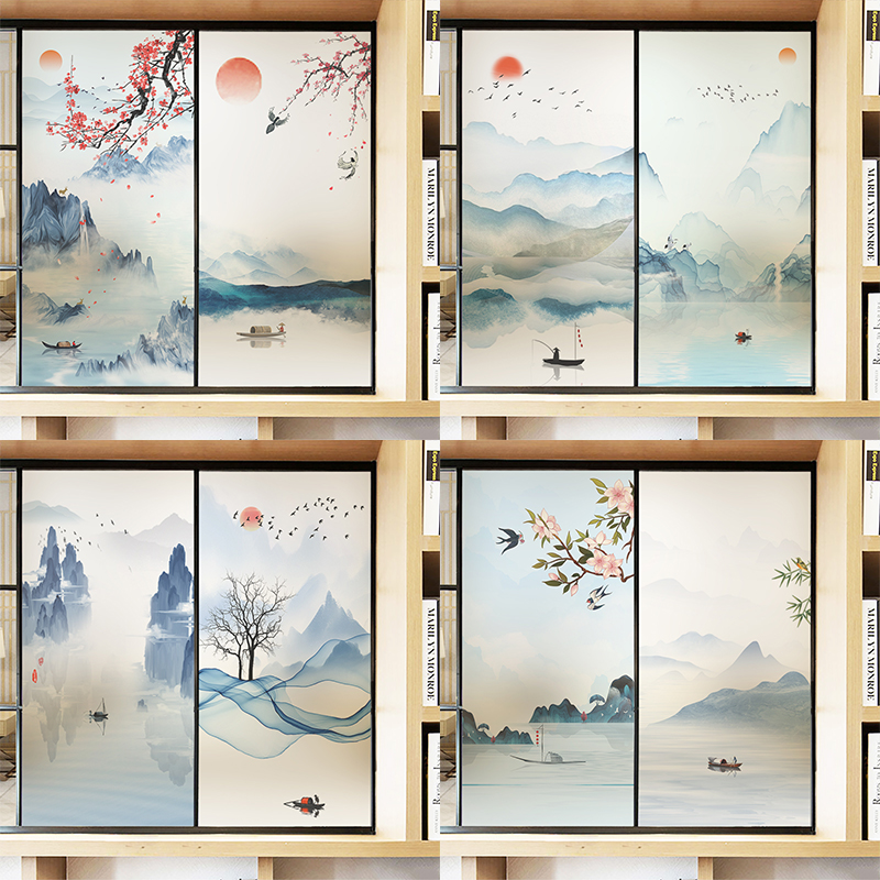 中式山水透光不透明防窥玻璃贴纸