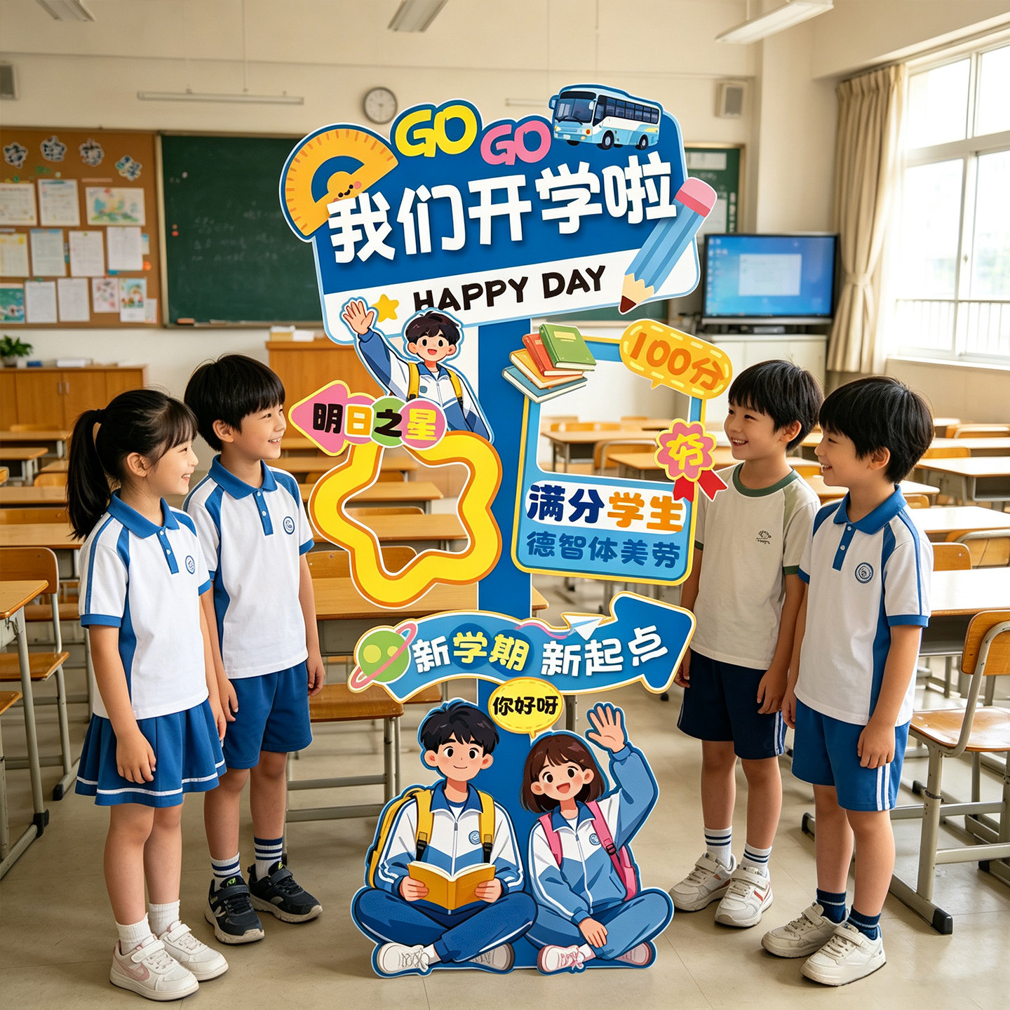 我们开学啦场景布置学校氛围装饰幼儿园教室拍照打卡框背景墙kt板