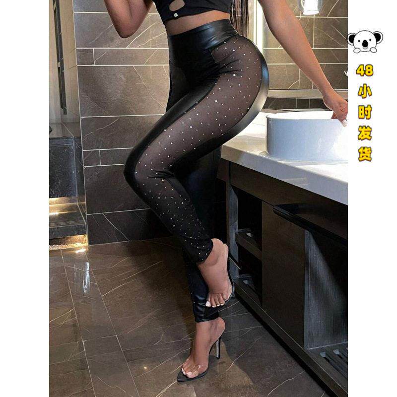 V 75780 Hot drill mesh panel pants 烫钻网纱拼接长裤