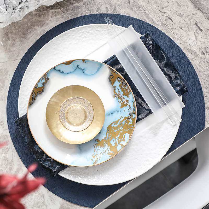 现代新中式样板房间餐具套装蓝色系餐盘餐桌摆台装饰套盘花艺摆件