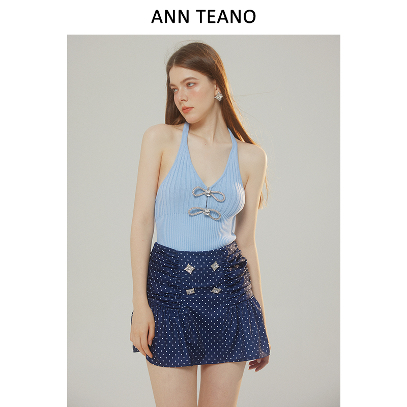 Ann teanoDreamland梦境系列蓝色闪钻蝴蝶结钻挂脖针织背心