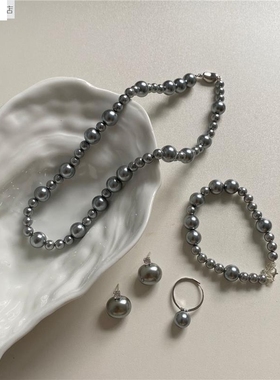925银高级银灰色珍珠不规则串珠项链手链首饰套装清冷感耳钉百搭
