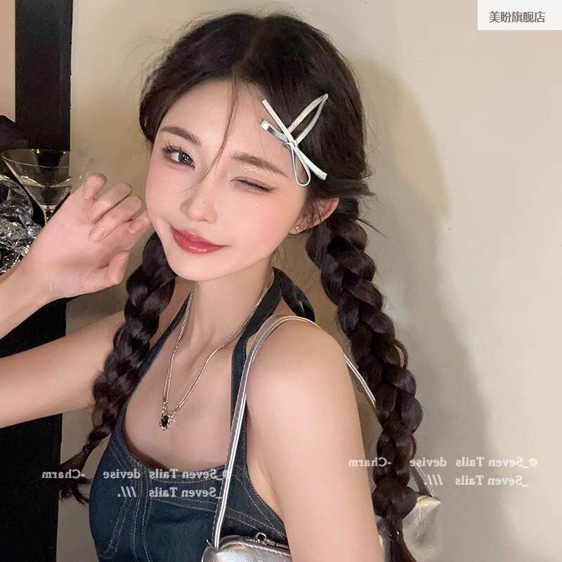 银色皮质蝴蝶结发夹甜酷少女刘海夹ins网红爆款前额韩版潮流边夹