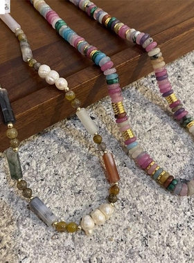 时尚几何多彩串珠项链女时尚气质风锁骨链天然石淡水珍珠项链百搭