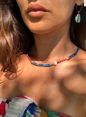 欧美全新克莱因蓝玛瑙项链女法式手工半宝石青金石锁骨链串珠饰品