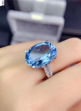 高端网红直播热卖新品大克拉仿真天空蓝托帕石满钻开口戒指女百搭