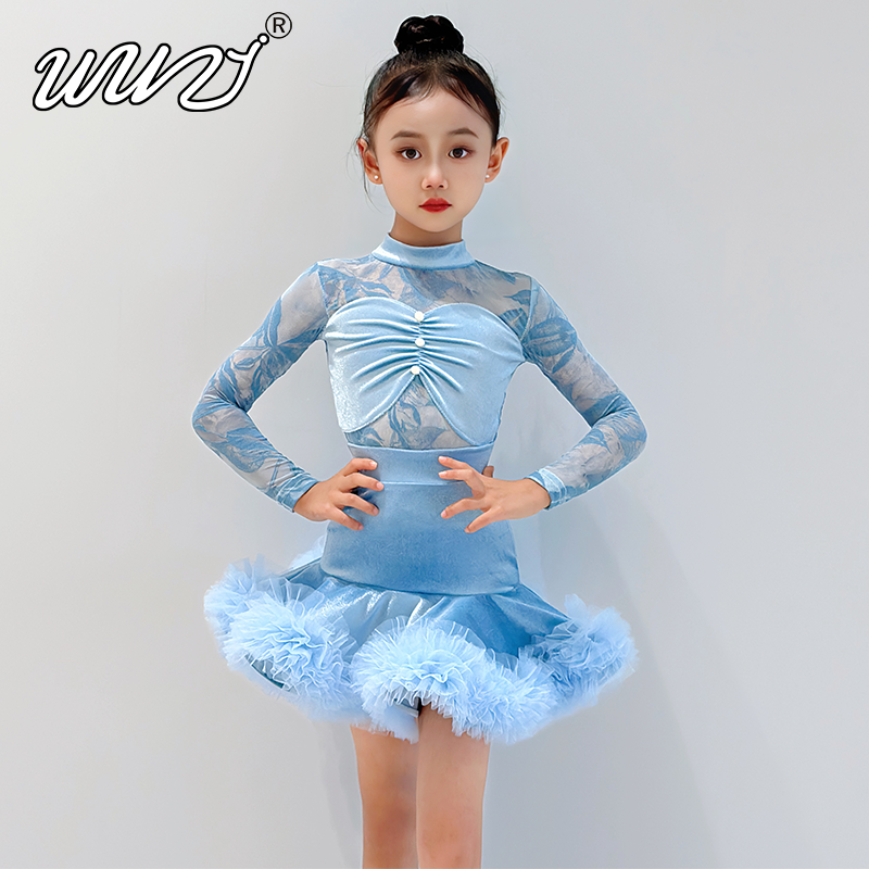 舞姿女童拉丁舞练功服半高领长袖款专业标准丝绒比赛训练服套装
