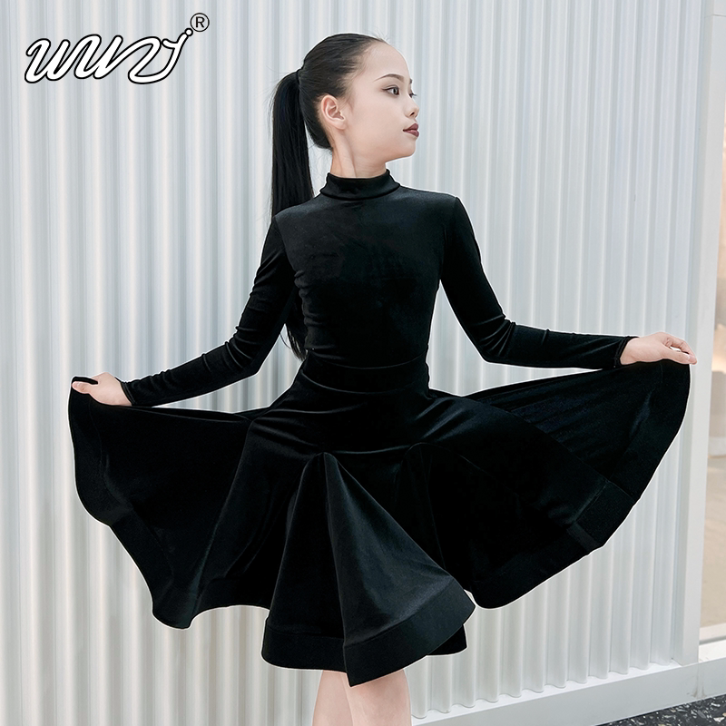 舞姿拉丁舞服女童进口丝绒春夏少儿规定服专业比赛大摆裙舞蹈服装