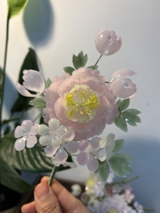 热缩粉黄渐变牡丹发簪套装汉服发饰热缩片发簪头饰发簪全新