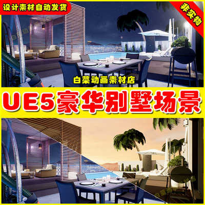 UE5 Outdoor Furniture. Day and Night Scenes 豪华别墅庭院场景