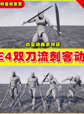 UE4虚幻资源UE5 TwinSword Animset Base人物手持双剑RPG动作动画