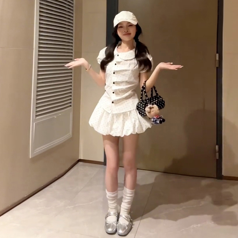 韩系甜美波点衬衫连衣裙