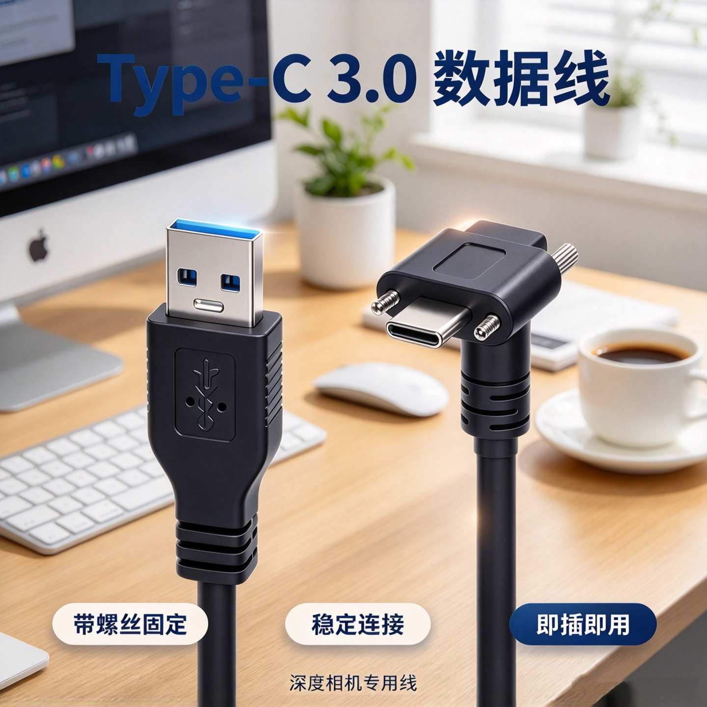 适用于奥比中光Femto Bolt AzureKinect DK Astra+ 2 3D深度相机USB-C数据线带螺丝摄像头电脑连接线5米8米长