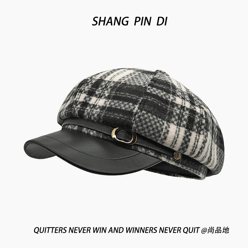 小香风毛呢质感格子纹鸭舌八角帽英伦风贝雷画家帽春秋报童女帽子