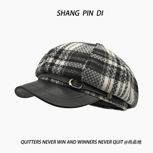 小香风毛呢质感格子纹鸭舌八角帽英伦风贝雷画家帽春秋报童女帽子