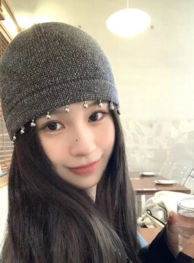 韩国简约流苏珍珠冷帽女早秋新款包头帽户外街头打卡拍照针织帽子