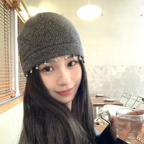 韩国简约流苏珍珠冷帽女早秋新款包头帽户外街头打卡拍照针织帽子