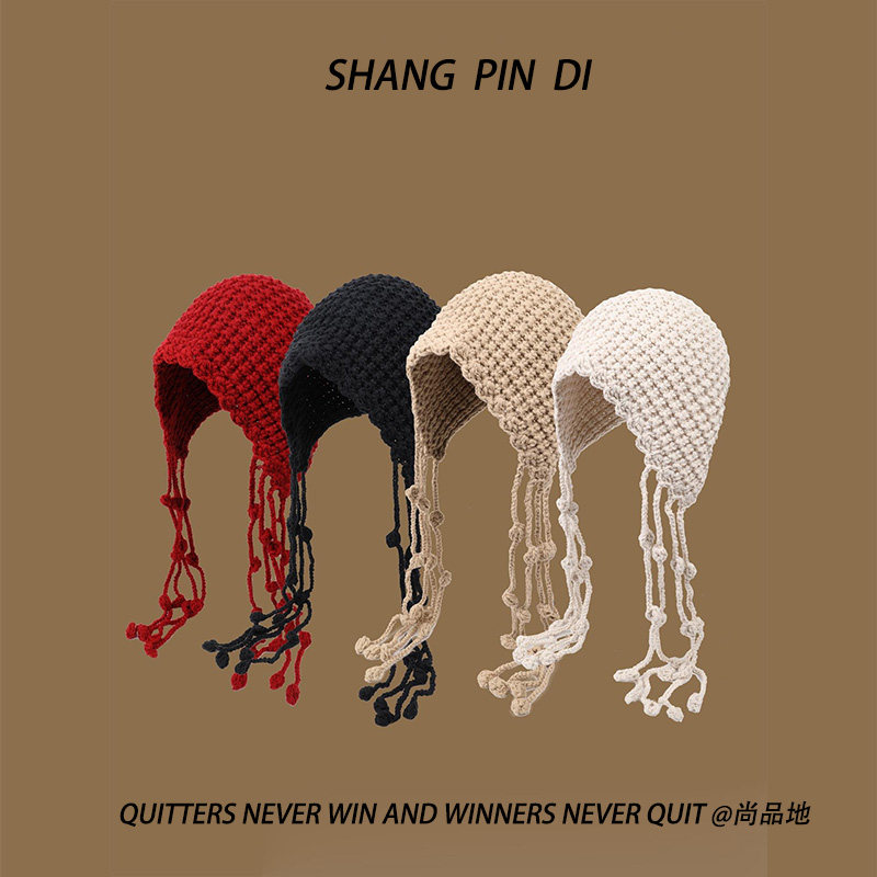 川西旅游红色镂空针织包头帽子女秋冬季显脸小流苏毛线帽套头冷帽