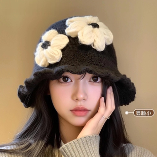 高级感黑色花朵针织渔夫帽女秋冬季显脸小盆帽大头围保暖水桶帽子