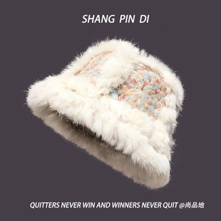 新款兔毛醒狮帽子女秋冬可爱保暖毛绒渔夫帽百搭显脸小毛茸茸盆帽