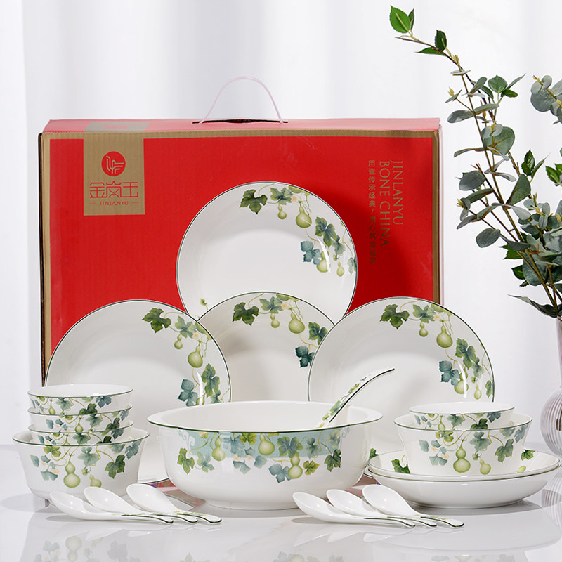 金岚玉骨瓷家用结婚乔迁套装6人餐具中国风餐具五福临门碗碟组合,餐饮具,餐具瓷器套装,淘宝优惠券,粉丝福利购,淘宝优惠卷