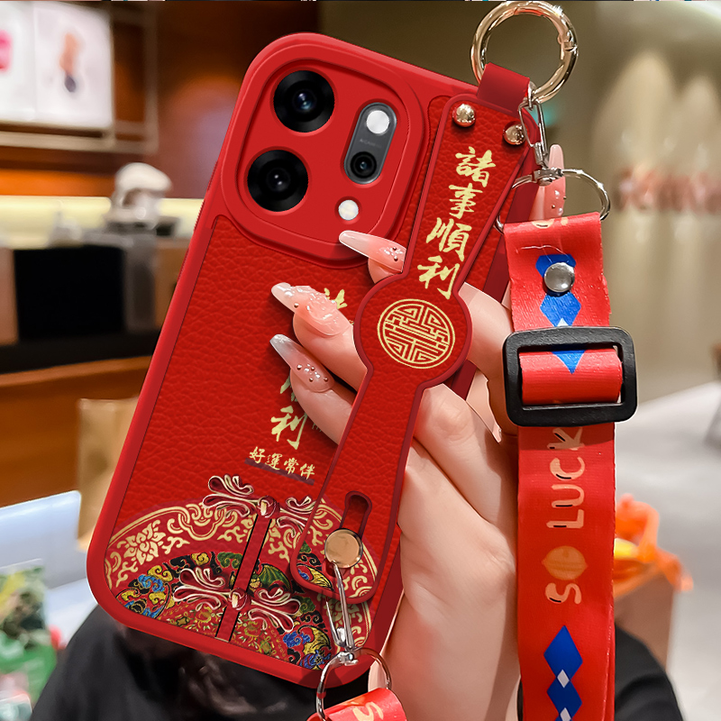 适用opporeno14手机壳国潮平安诸事Reno14pro小羊皮腕带挂绳保护套0pp0镜头全包防摔PLA110个性创意男女款
