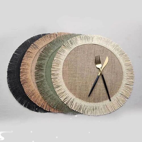 1Pcs Jute Linen Placemat Simple Fringe Round Shape Table Mat