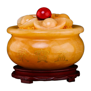 聚宝盆摆件家用黄玉石元宝客厅玄关办公装饰乔迁新居店铺开业礼品
