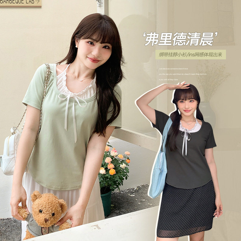 纯色百搭挂脖假两件短袖小衫女T恤夏季大码胖mm正肩显瘦上衣62985