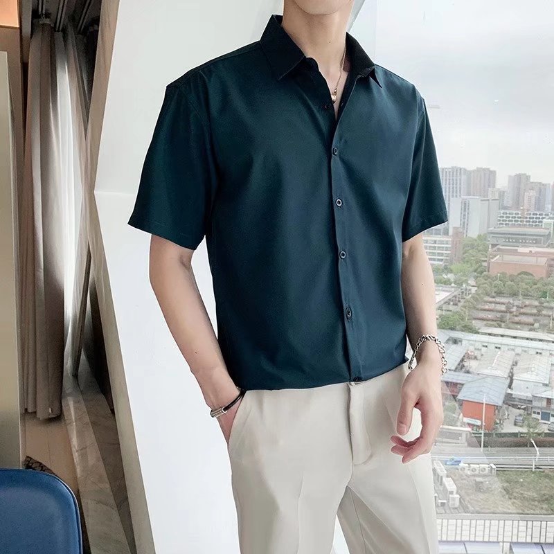 夏款商务休闲短袖纯色衬衫男冰丝修身商务正装职业工作黑衬衣半袖