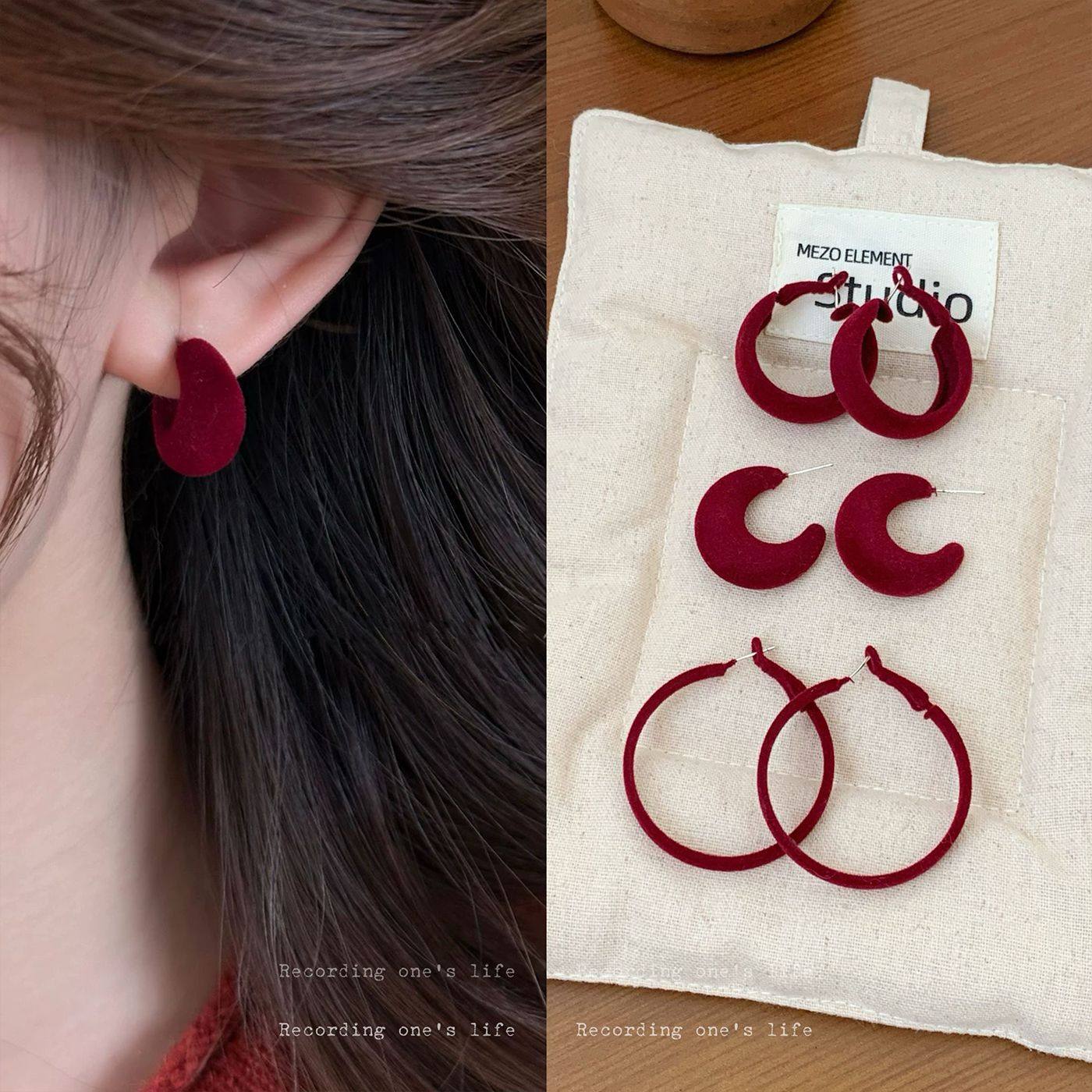 秋冬安可拉红植绒圆形耳扣女银针复古港风设计感气质时尚百搭耳圈,饰品/流行首饰/时尚饰品新,耳钉,淘宝优惠券,粉丝福利购,淘宝优惠卷