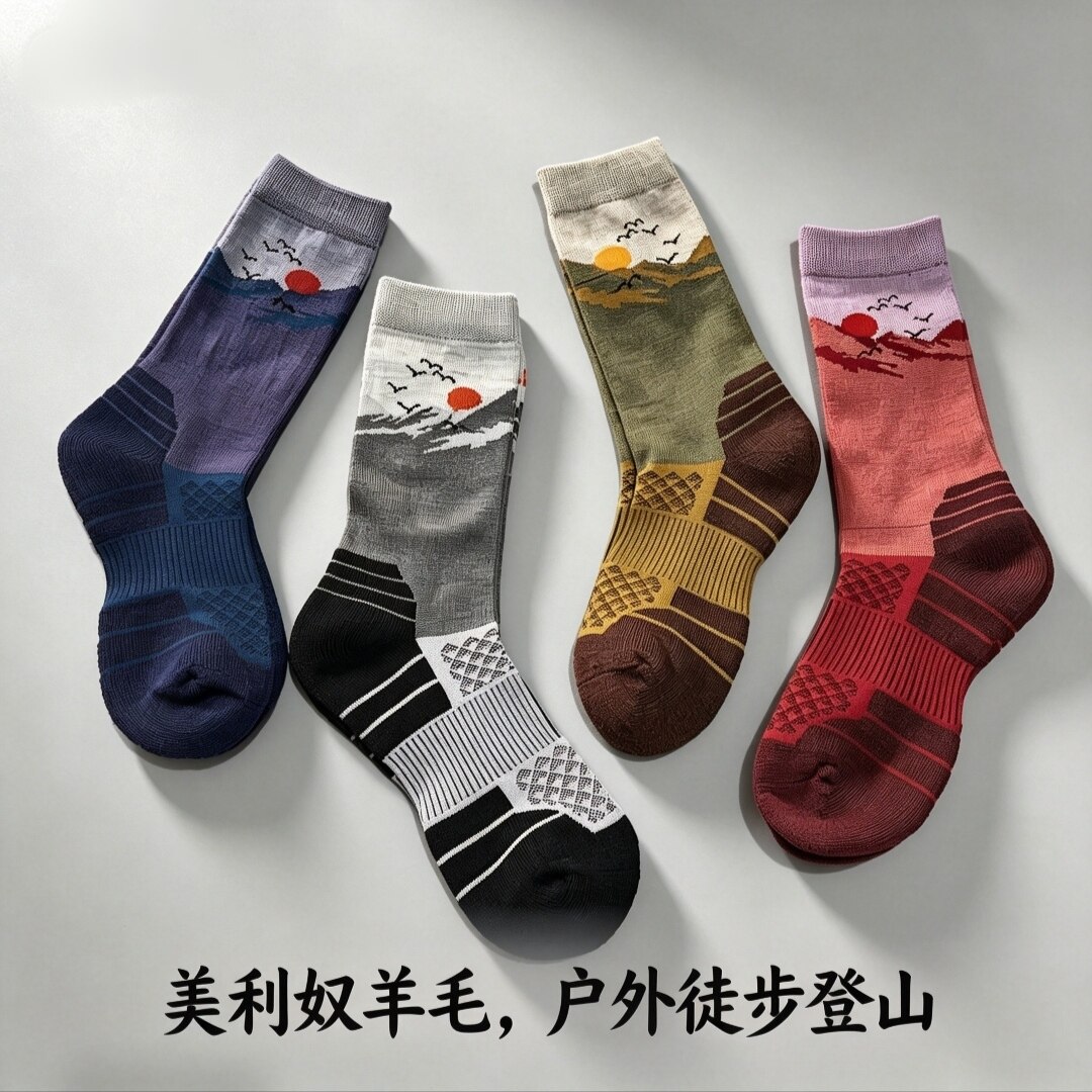 美利奴羊毛户外徒步登山御寒保暖滑雪毛巾底缓震男女中筒运动袜