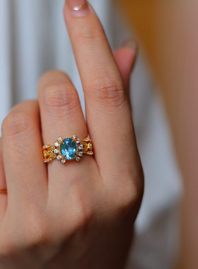 天然托帕石铜镶24K金黄金椭圆形戒指时尚活圈可调节大小蓝戒