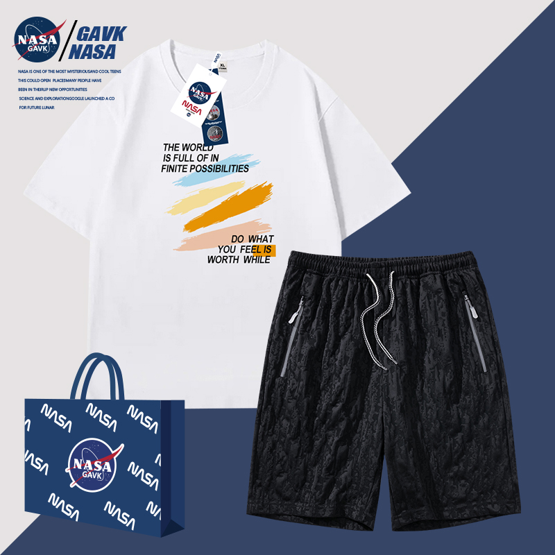 NASA GAVK男士纯棉T恤提花短裤夏季新款短袖裤薄款夏天情侣套装女