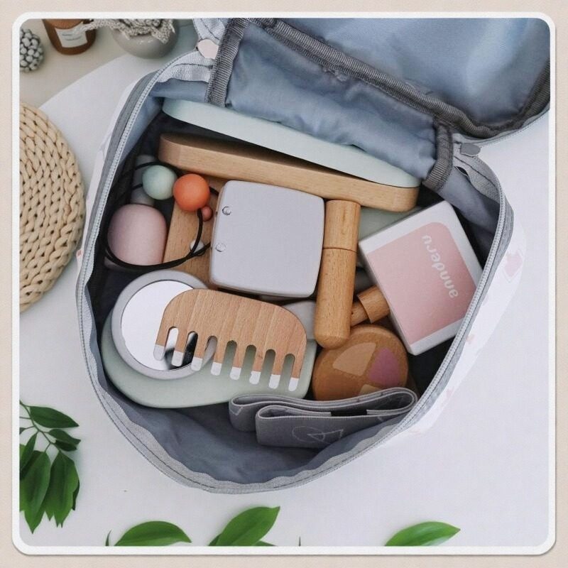 儿童化妆玩具理发木制仿真梳子夹板口红香水女孩过家家手提包