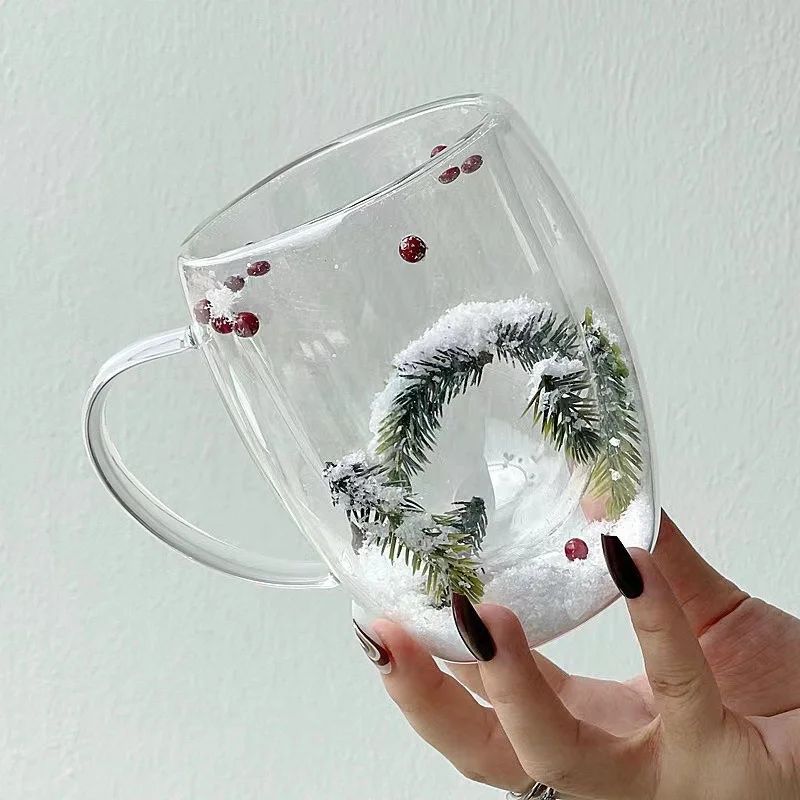 200/350ML Double Wall Clear Glass Cup Christmas Theme Snow s