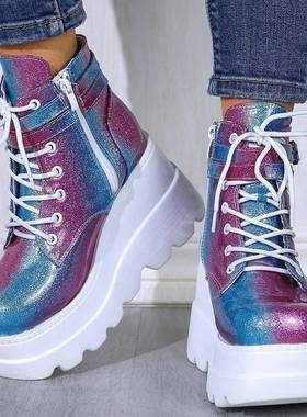 women platform boots wedge shoes女防水台圆头厚底短筒靴女鞋