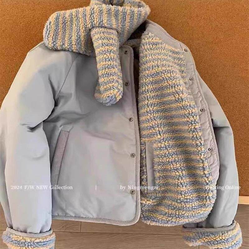 超好看两面双穿雾霾蓝棉服棉衣女冬季韩系棉袄条纹羊羔毛夹棉外套