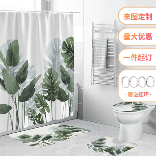 现货 简约3d涤纶防水浴室浴帘四件套数码印花淋浴帘