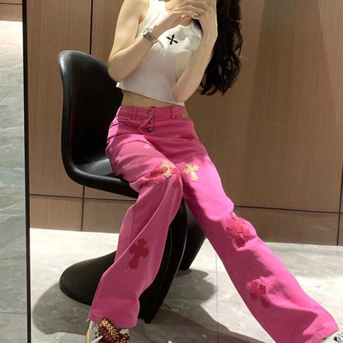 重工粉色拼皮十字架直筒牛仔裤女