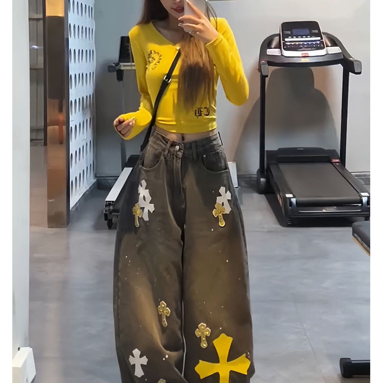 十字架刺绣皮标直筒裤牛仔裤女