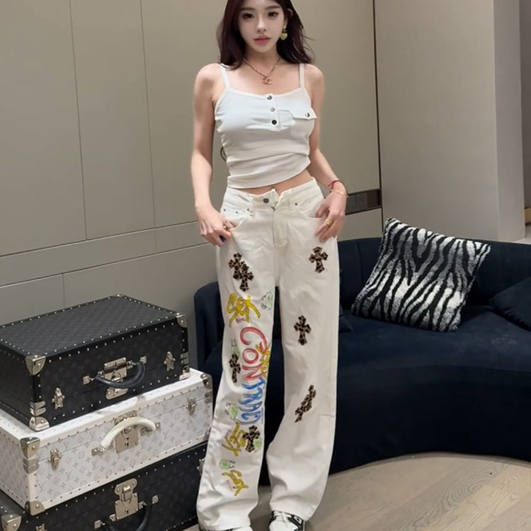 涂鸦彩绘豹纹十字架直筒牛仔裤女